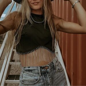 Black rhinestone fringe tank top crop top m medium